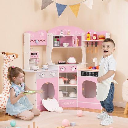 Corner Wooden Play Kitchen with Lights Sounds and Accessories-Pink