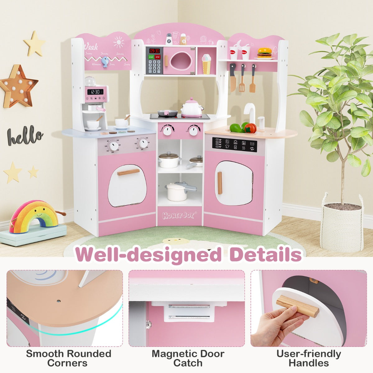 Corner Wooden Play Kitchen with Lights Sounds and Accessories-Pink