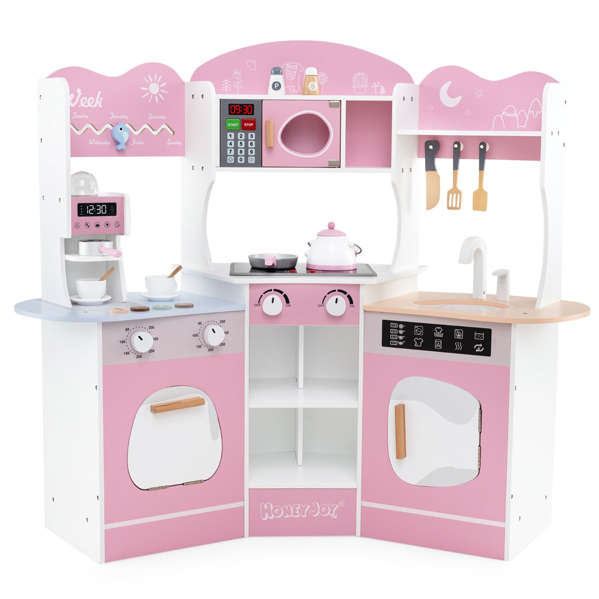 Corner Wooden Play Kitchen with Lights Sounds and Accessories-Pink