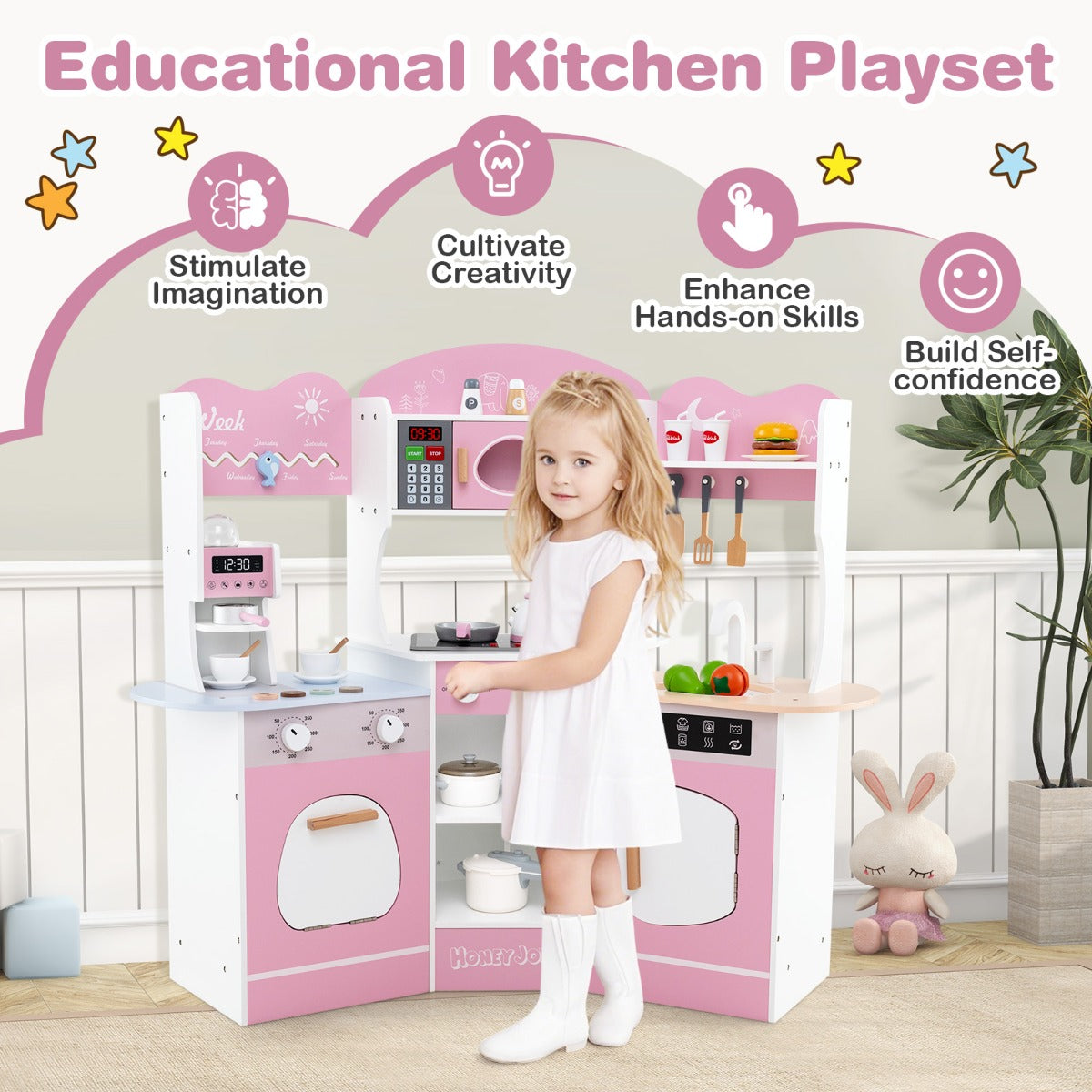 Corner Wooden Play Kitchen with Lights Sounds and Accessories-Pink