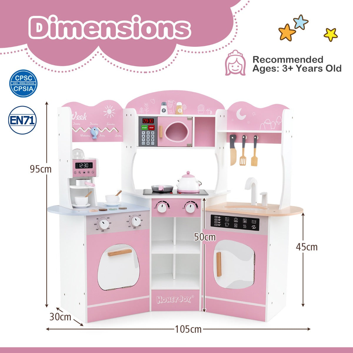 Corner Wooden Play Kitchen with Lights Sounds and Accessories-Pink