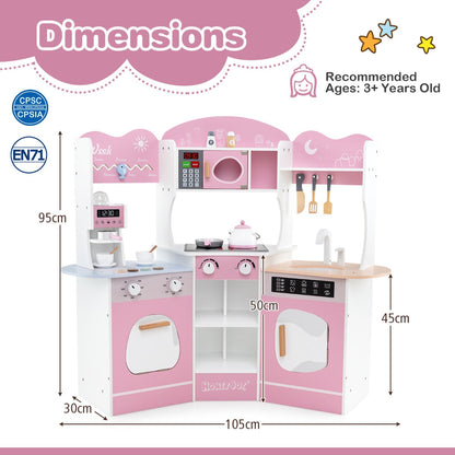 Corner Wooden Play Kitchen with Lights Sounds and Accessories-Pink