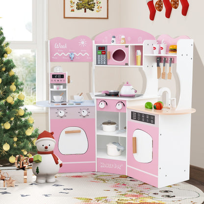 Corner Wooden Play Kitchen with Lights Sounds and Accessories-Pink