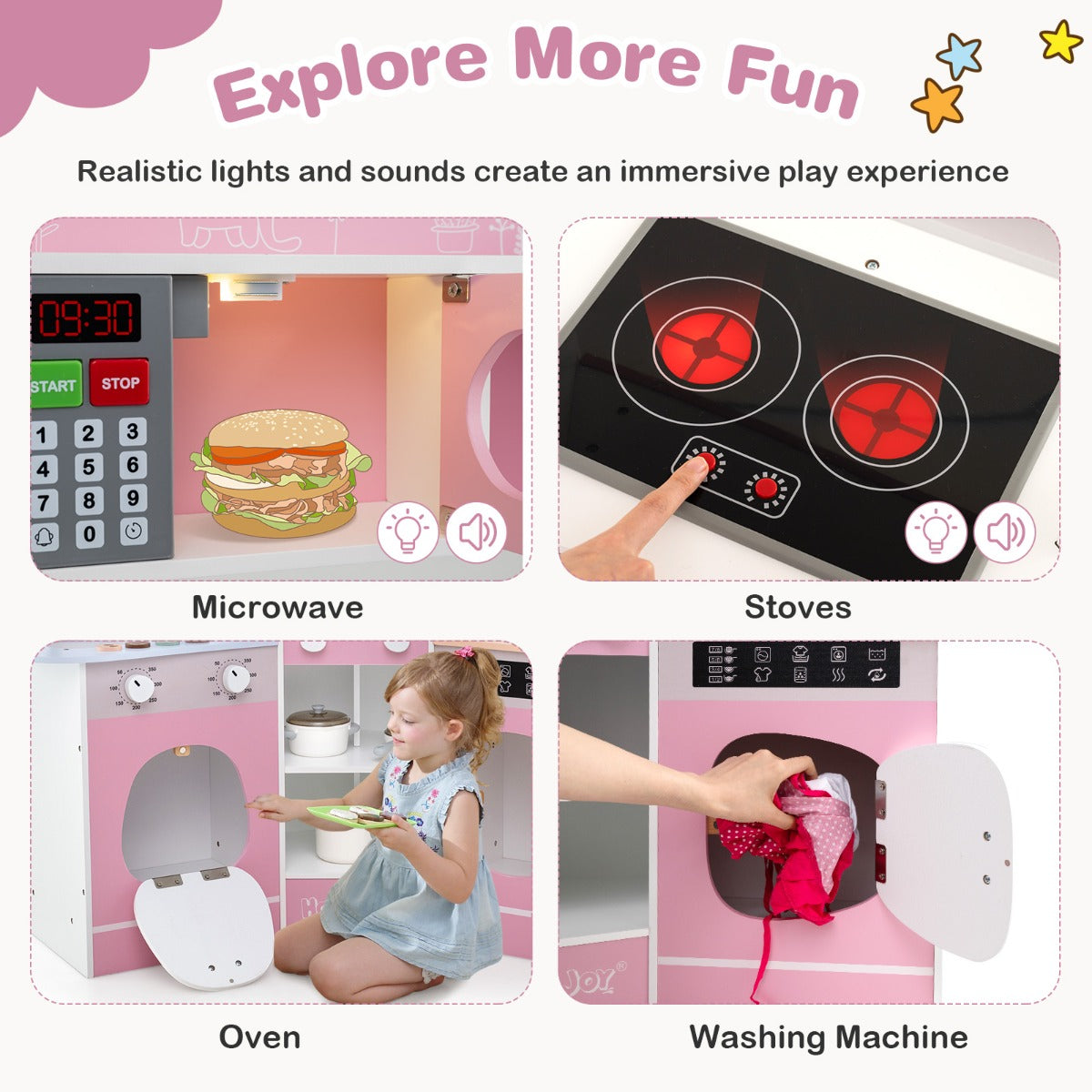 Corner Wooden Play Kitchen with Lights Sounds and Accessories-Pink