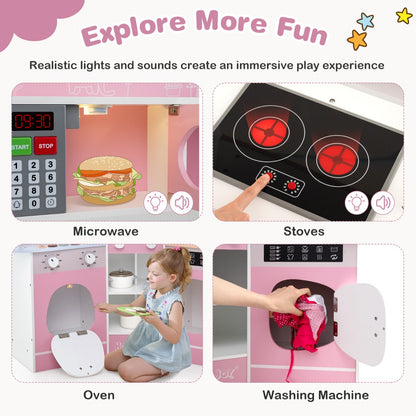 Corner Wooden Play Kitchen with Lights Sounds and Accessories-Pink