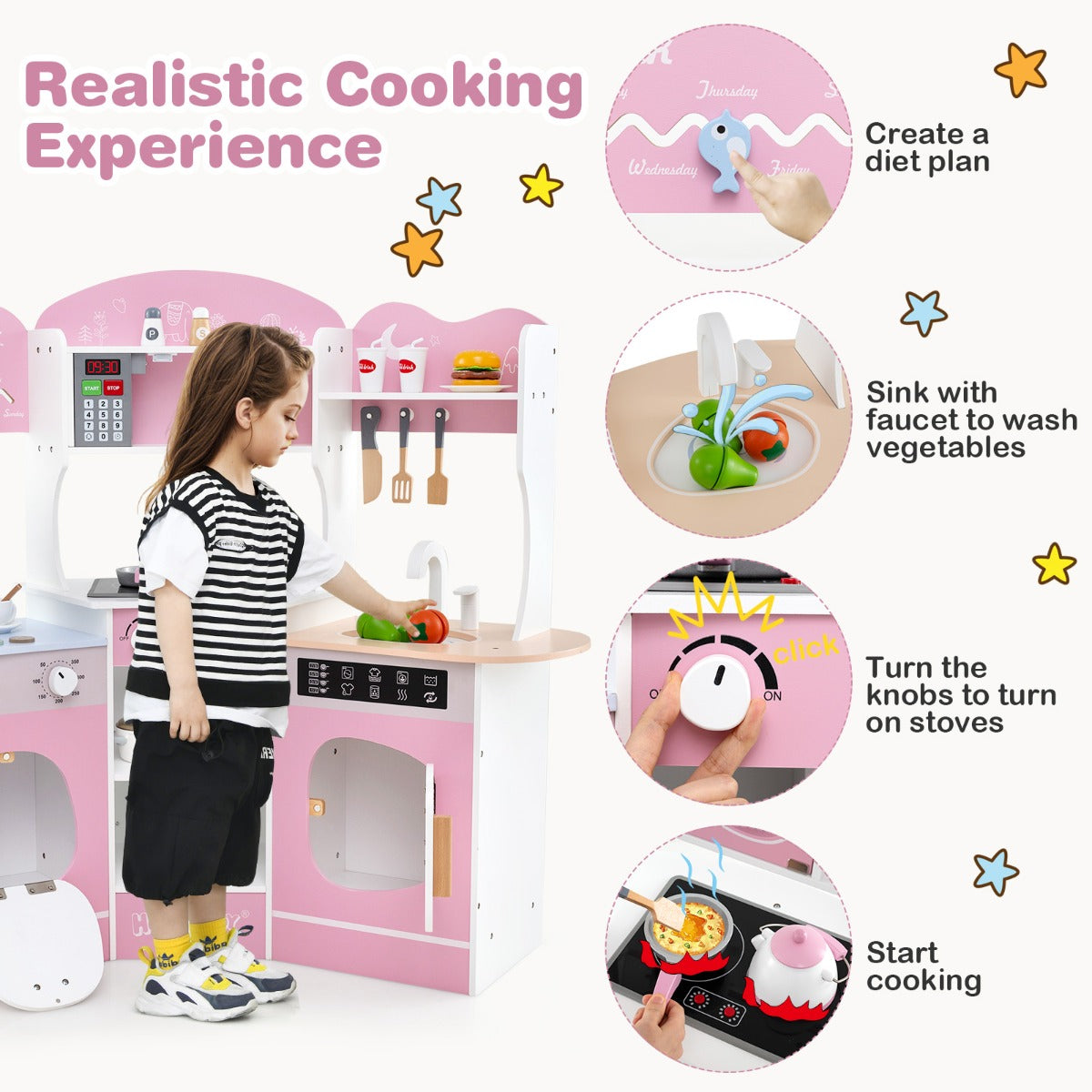 Corner Wooden Play Kitchen with Lights Sounds and Accessories-Pink
