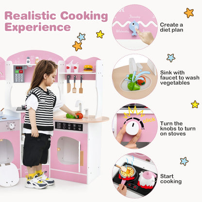 Corner Wooden Play Kitchen with Lights Sounds and Accessories-Pink