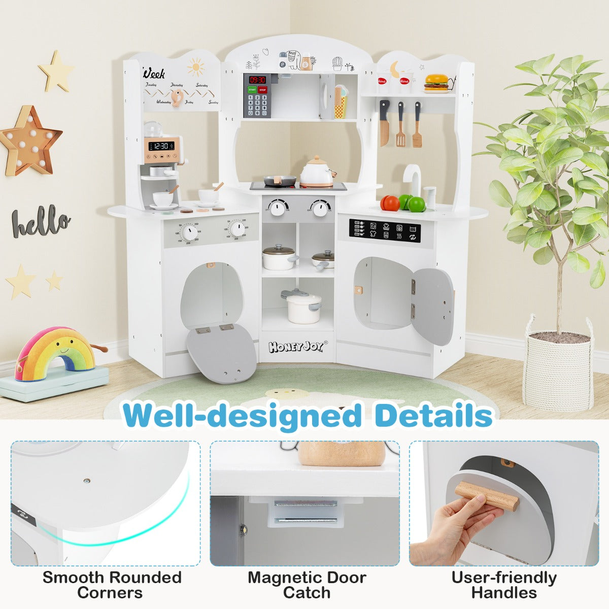 Corner Wooden Play Kitchen with Lights Sounds and Accessories-White