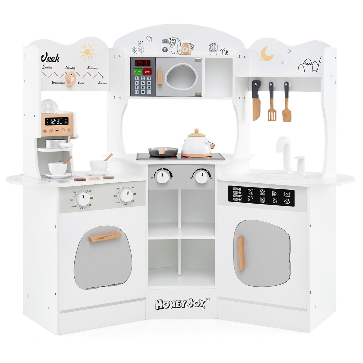 Corner Wooden Play Kitchen with Lights Sounds and Accessories-White