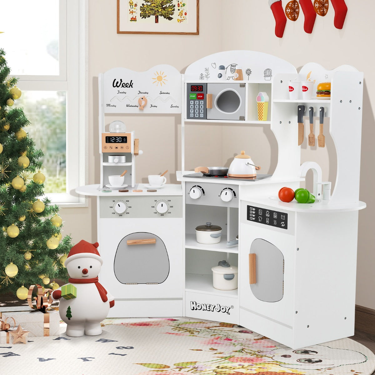 Corner Wooden Play Kitchen with Lights Sounds and Accessories-White