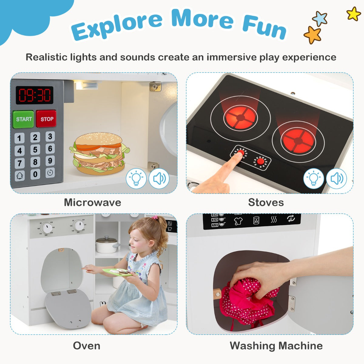 Corner Wooden Play Kitchen with Lights Sounds and Accessories-White
