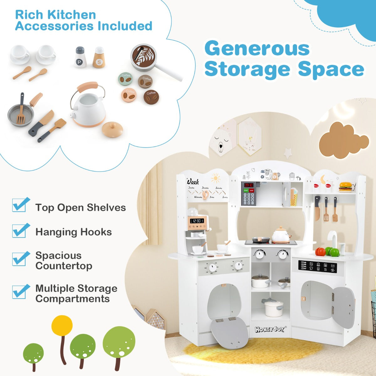Corner Wooden Play Kitchen with Lights Sounds and Accessories-White