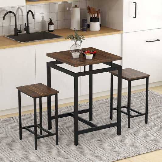 Costway Counter Height Table with 2 Stools for Apartment Kitchen, Rustic Brown