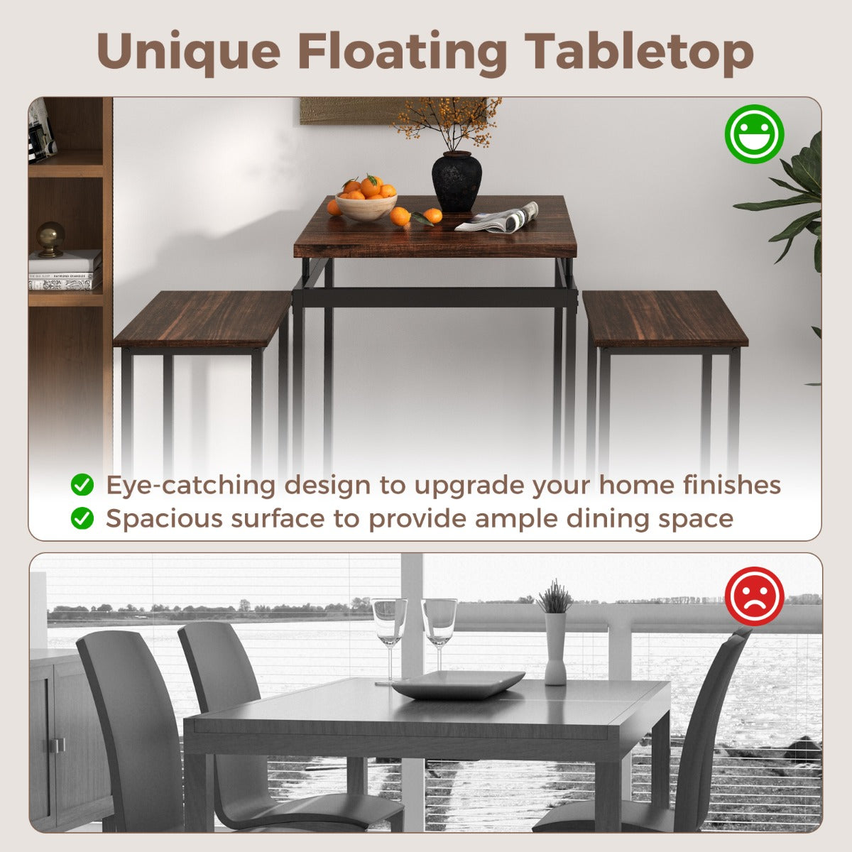 Wood-grain tabletop offers a stylish surface for meals coffee conversations and entertaining