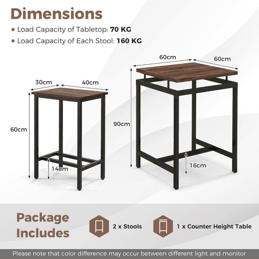 Counter height table set with floating tabletop and two matching stools for compact dining