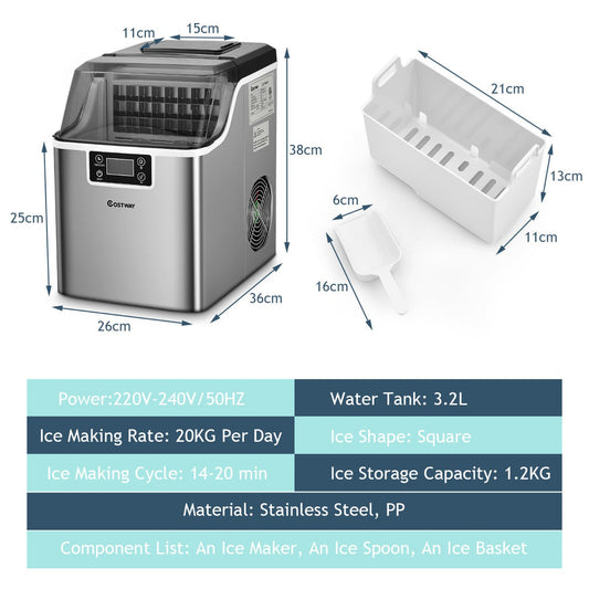 Countertop ice maker produces up to 20 kilograms of square ice daily for parties, kitchens, offices, or coffee shops