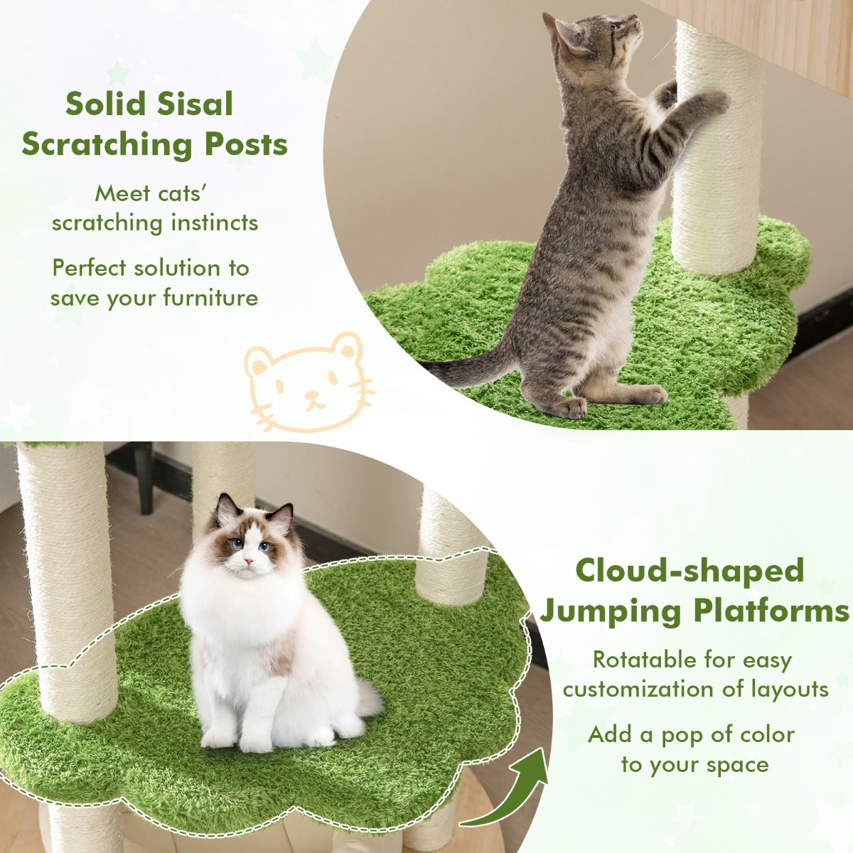 Costway 1.4M Cute Cat Tree with Sisal Scratching Posts for Indoor Cats