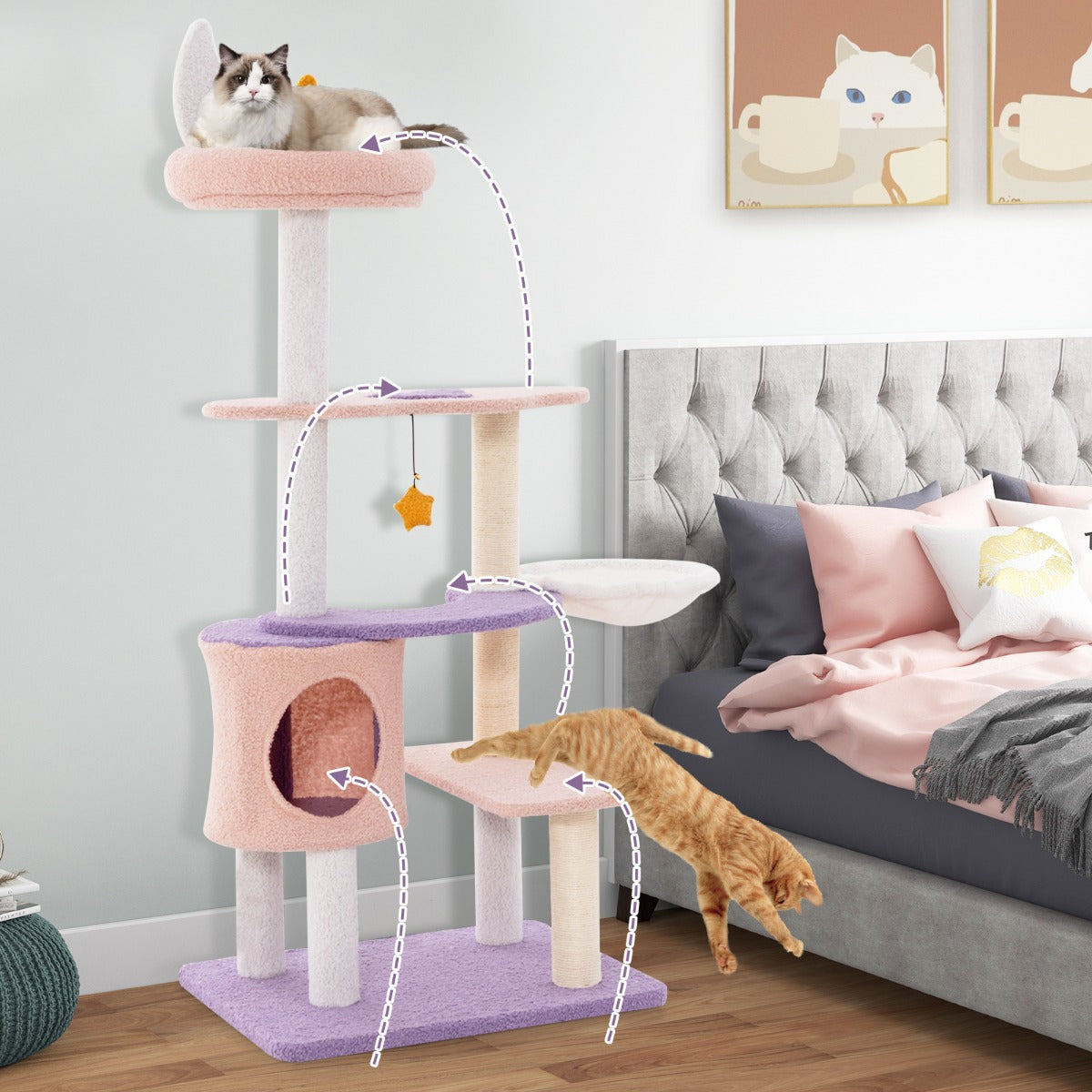 Multi-level Cute Cat Tree with Sisal Covered Scratching Posts and Condo