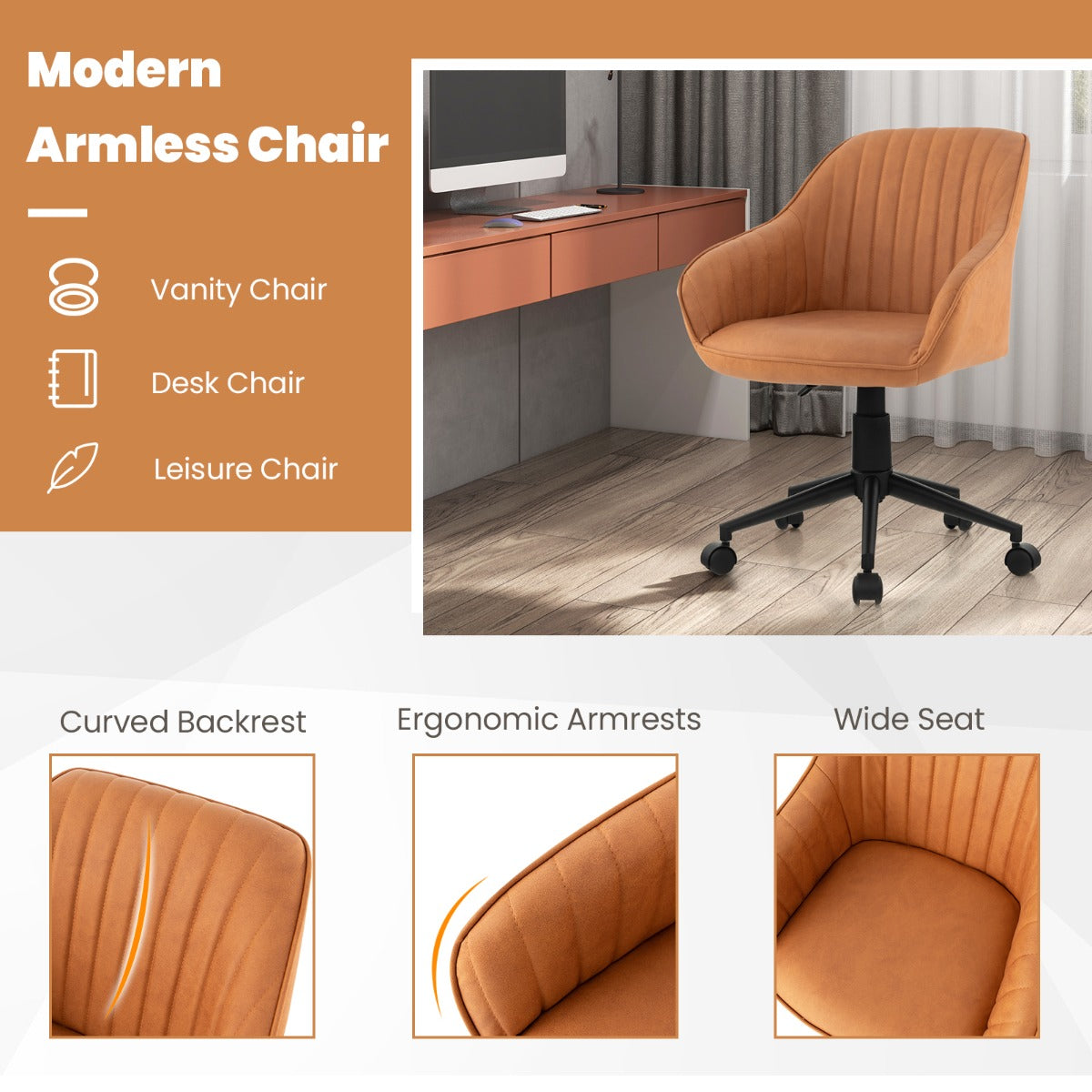 Home Office Desk Chair with 5 Rolling Wheels for Study, Bedroom, Office