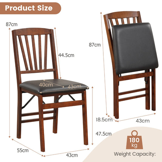 Set of two black and brown folding dining chairs with padded cushions and solid rubber wood frames
