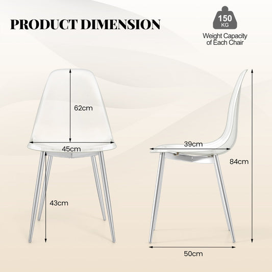 Set of four transparent PET dining chairs with sleek silver electroplated metal legs