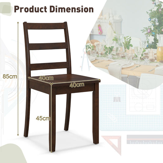 Set of two solid rubber wood dining chairs with curved ladder backrests and classic finishes