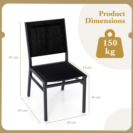 Black aluminum patio chairs with lightweight rustproof frames for indoor and outdoor seating