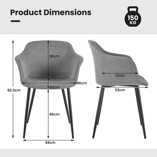 Set of two gray or off-white dining chairs with linen upholstery, sponge cushions, and black metal legs