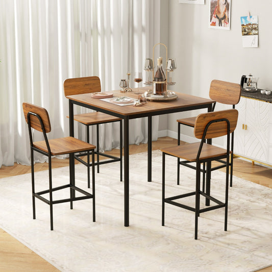 Costway 5 Pieces Industrial Dining Set Bar Counter Height Table and 4 Stools-Brown