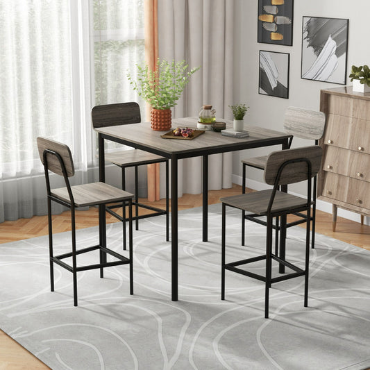 Costway 5 Pieces Industrial Dining Set Bar Counter Height Table and 4 Stools-Grey