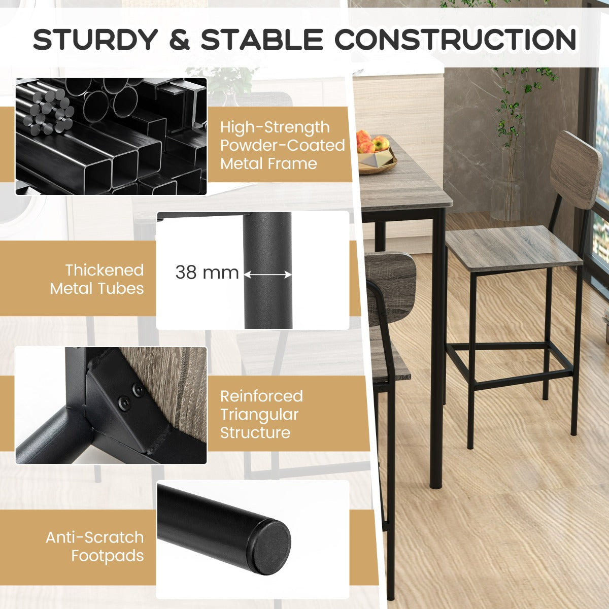 Costway 5 Pieces Industrial Dining Set Bar Counter Height Table and 4 Stools-Grey
