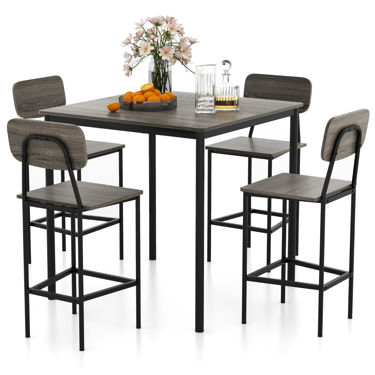 Costway 5 Pieces Industrial Dining Set Bar Counter Height Table and 4 Stools-Grey