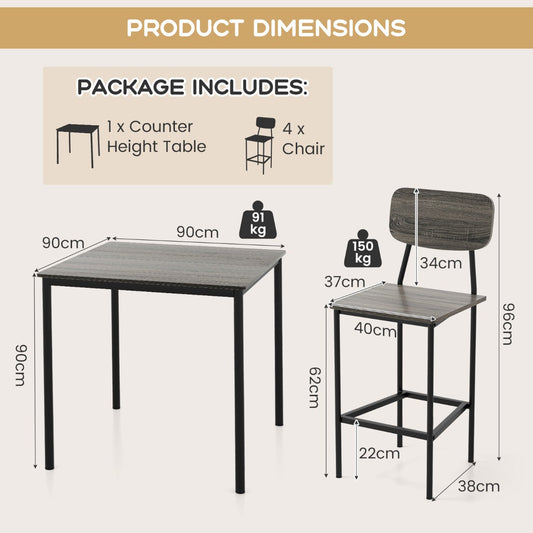 Five-piece counter-height dining set includes a square table and four ergonomic bar stools for four people