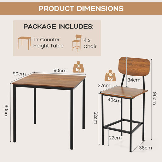 Five-piece counter-height dining set includes a square table and four ergonomic bar stools for four people