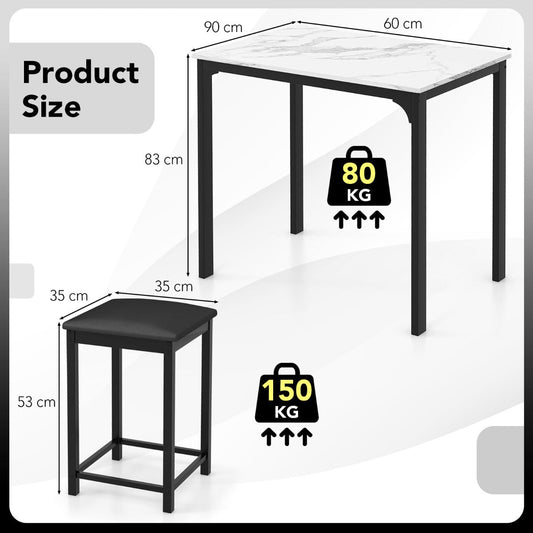 Three-piece counter height dining set with a marble-style rectangular table and two backless stools