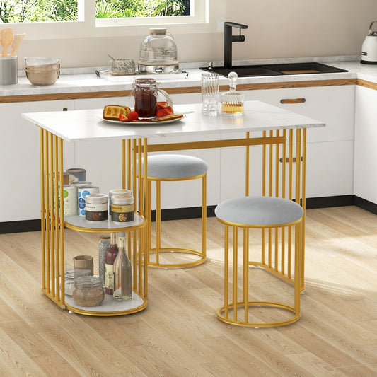 Costway 3 Piece Dining Table Set with 2 Stools for 2 with 2-tier Storage Shelf-White