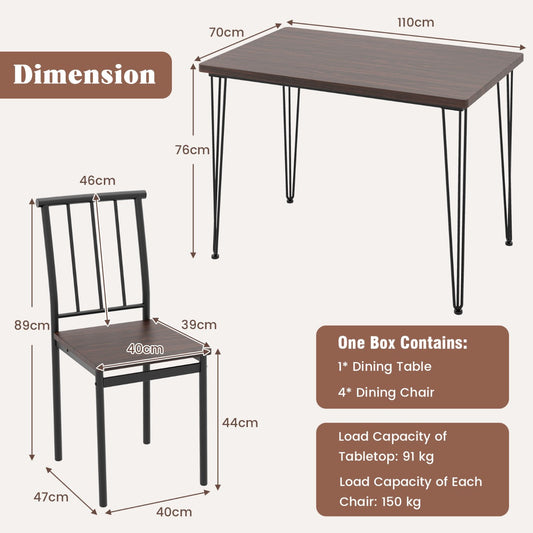 Five-piece dining table set with spacious table, four chairs, sprayed metal frames, and natural wood-grain finish