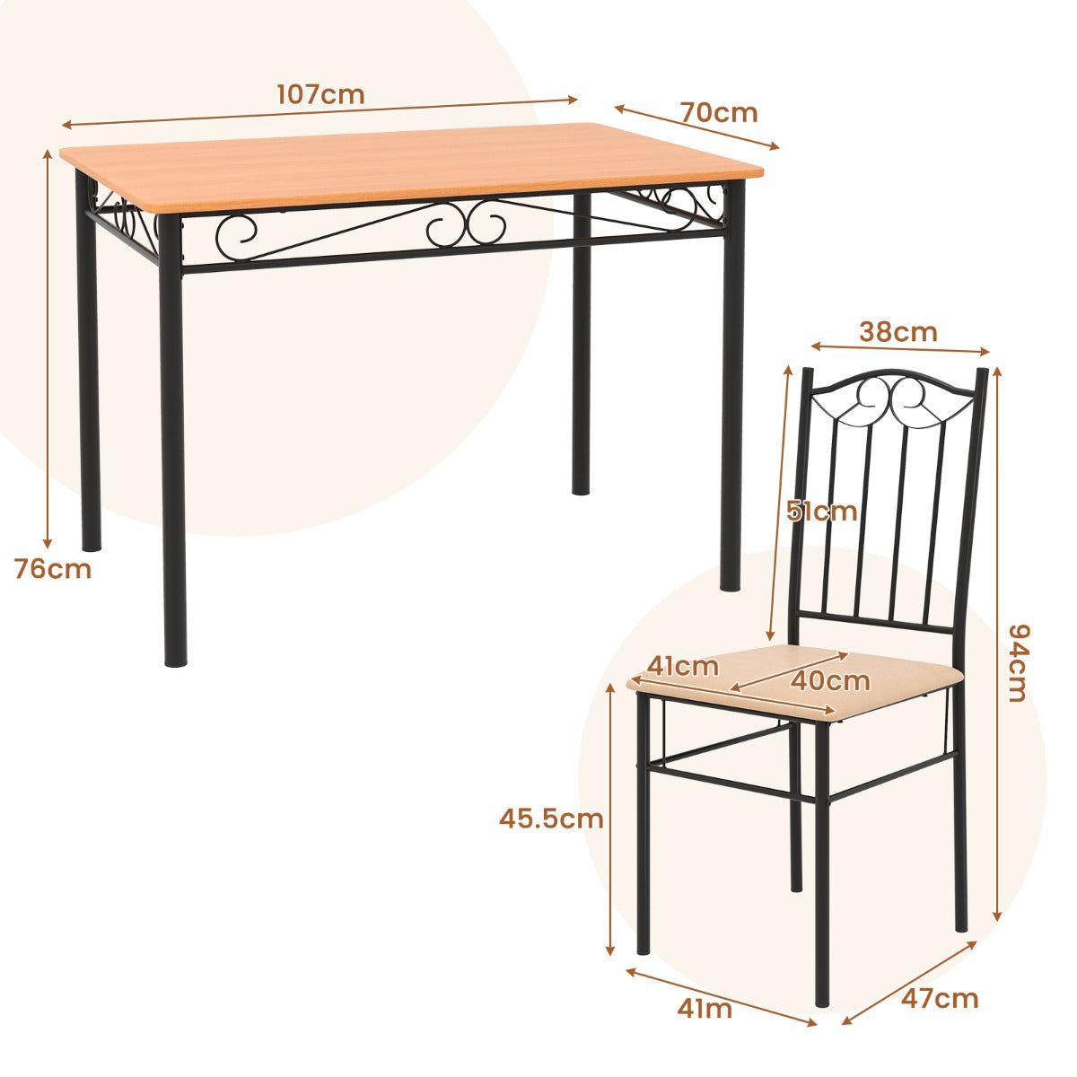 Five-piece dining set with rectangular kitchen table and four high-back upholstered chairs
