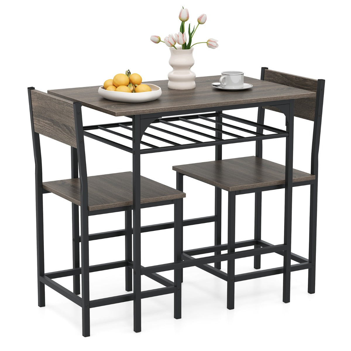 Dining Table Set 3-Piece Wood Rectangular Table and Chair Set for 2-Grey