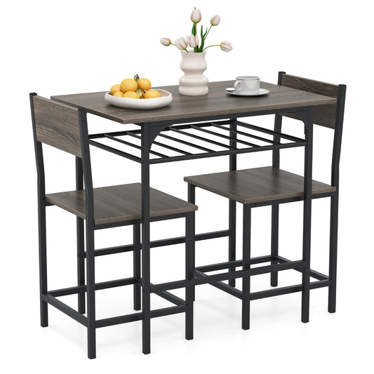 Dining Table Set 3-Piece Wood Rectangular Table and Chair Set for 2-Grey