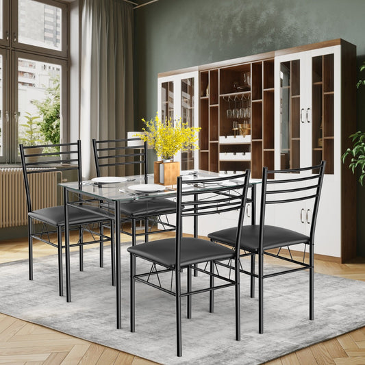 Costway Modern Rectangular Glass Dining Table with 4 PU Leather Cushioned Chairs