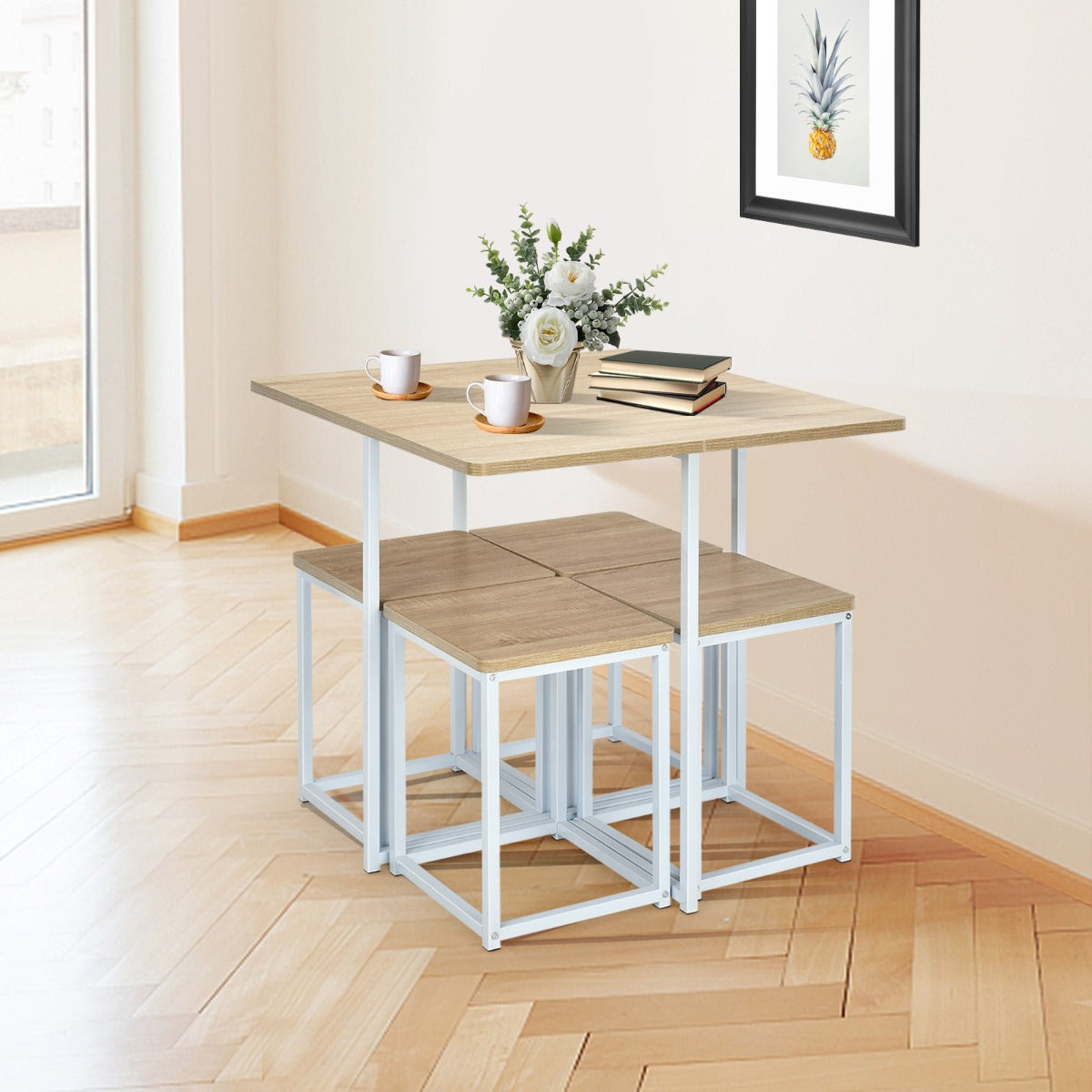 5-Piece Dining Table Set with 4 Square Stools for Small Space-Natural