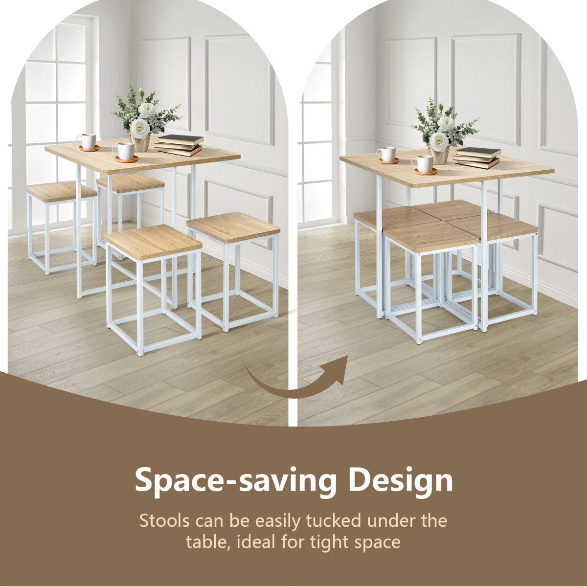 5-Piece Dining Table Set with 4 Square Stools for Small Space-Natural