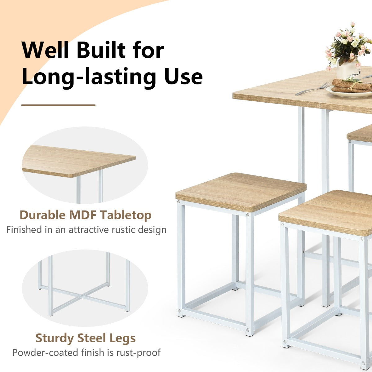 5-Piece Dining Table Set with 4 Square Stools for Small Space-Natural