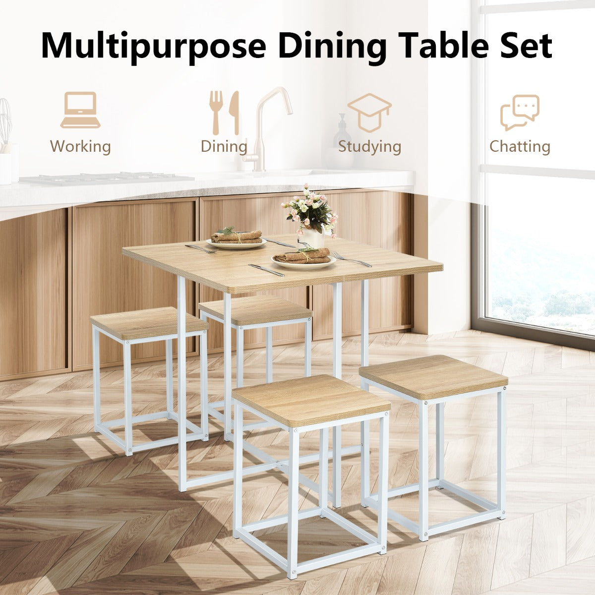 5-Piece Dining Table Set with 4 Square Stools for Small Space-Natural