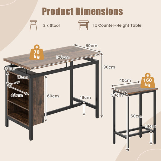 Three-piece counter-height dining set with table, two bar stools, three storage compartments, and footrests