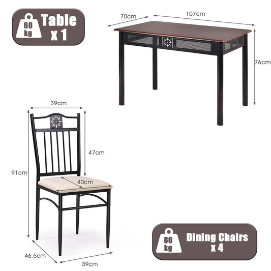 Five-piece dining table set includes one rectangular table and four upholstered chairs