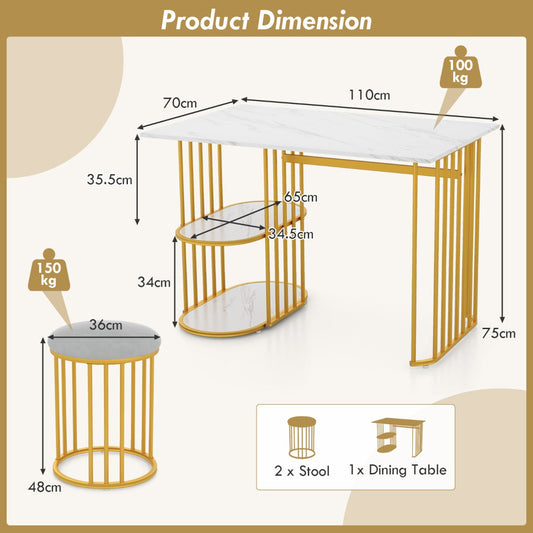 Three-piece dining set with rectangular table, two upholstered velvet stools, and two-tier open storage shelves