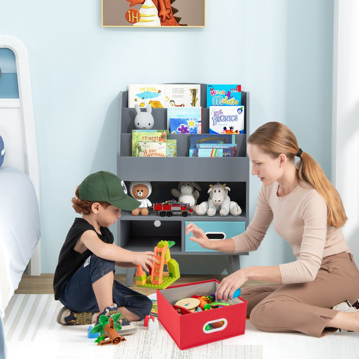 Costway Kids Bookshelf Book Display Rack with 3-Tier Bookshelves and 2 ...