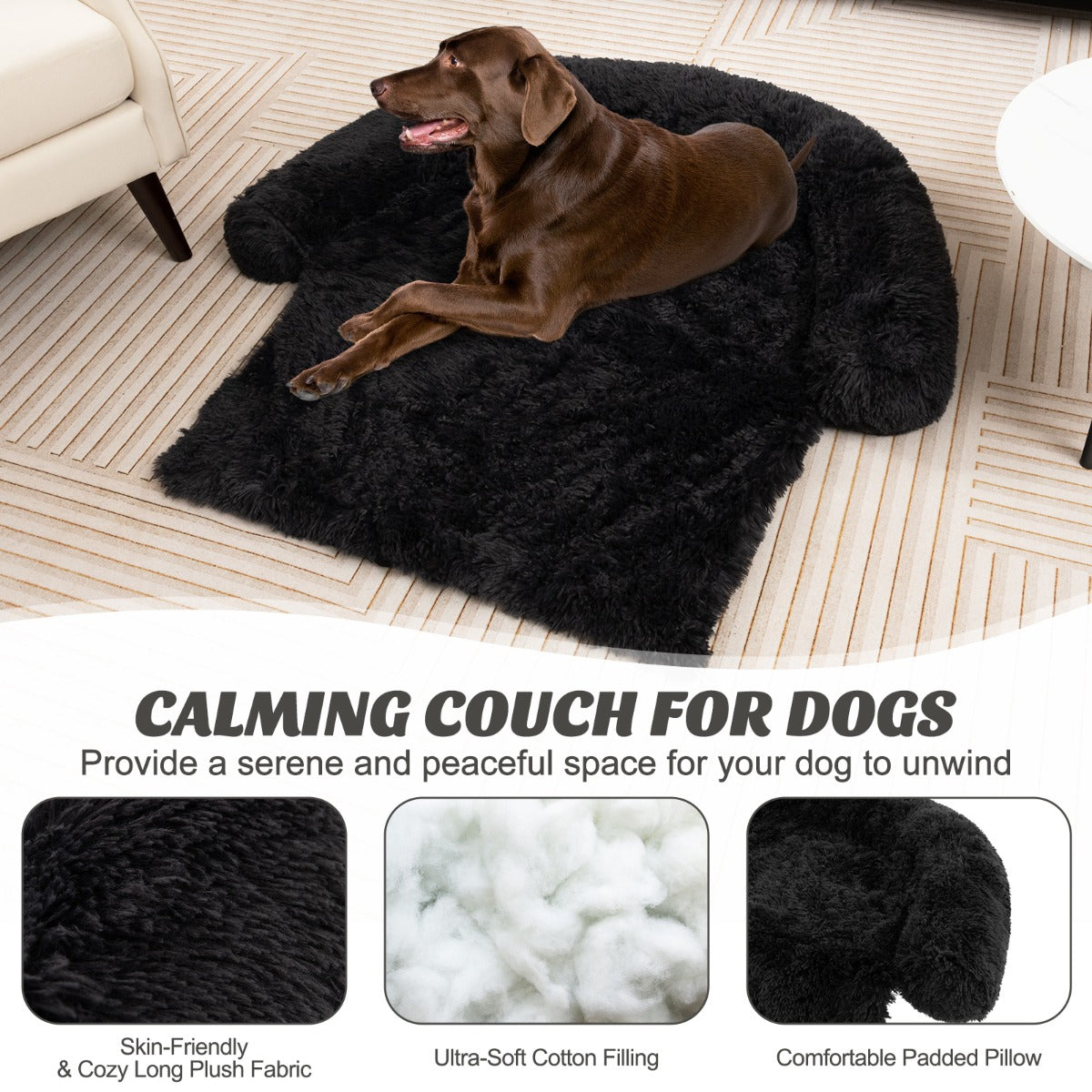 Costway Plush Calming Dog Couch Bed with Anti-Slip Bottom-Black-L